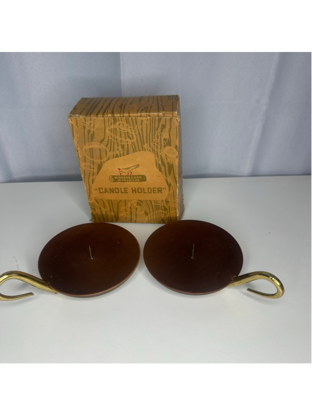 New Vintage Mid-Century Woodpecker Woodware Candle Holders Pair w Original Box
